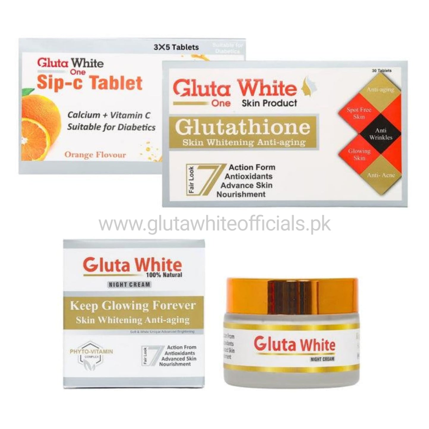Gluta White Tablet + Vitamin C + Night Cream