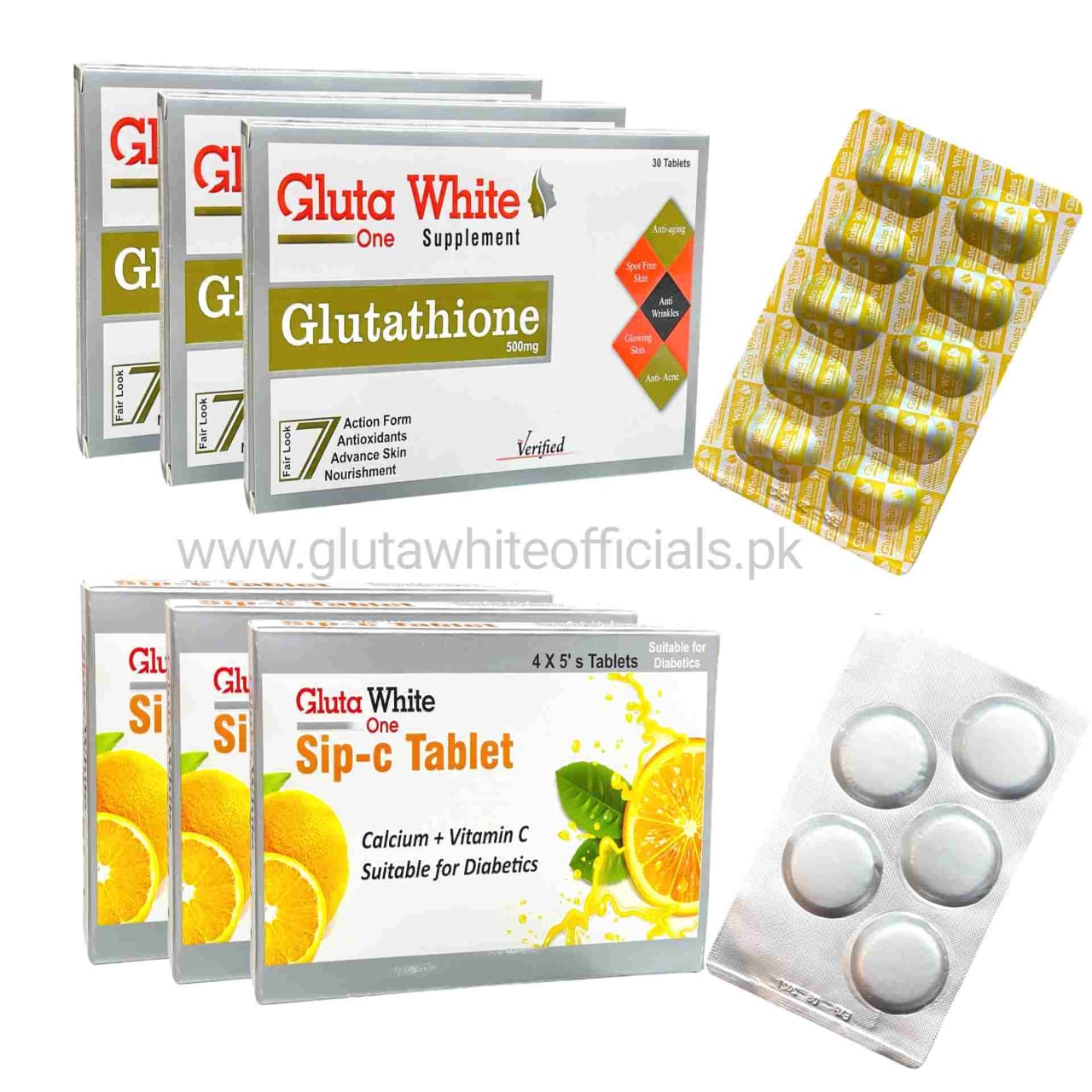 Gluta White Supplements (3 Packs Tablet + 3 Sip-C)