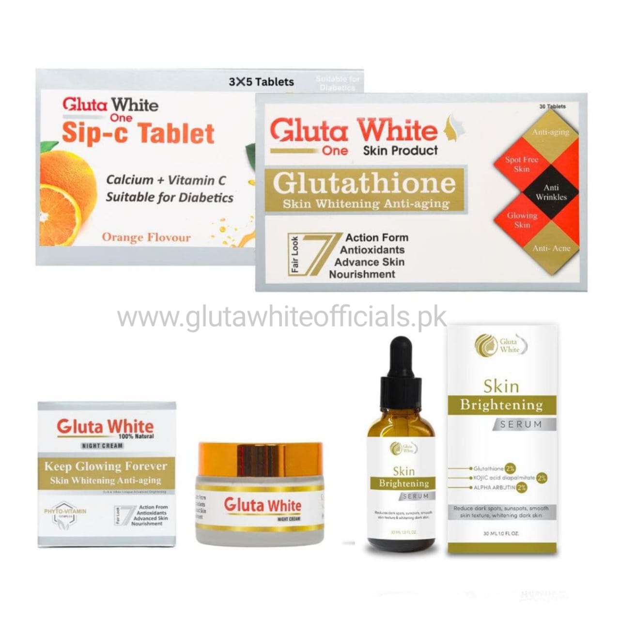 Gluta White Tablet + Sip C + Night Cream + Serum (4in1 Deal)