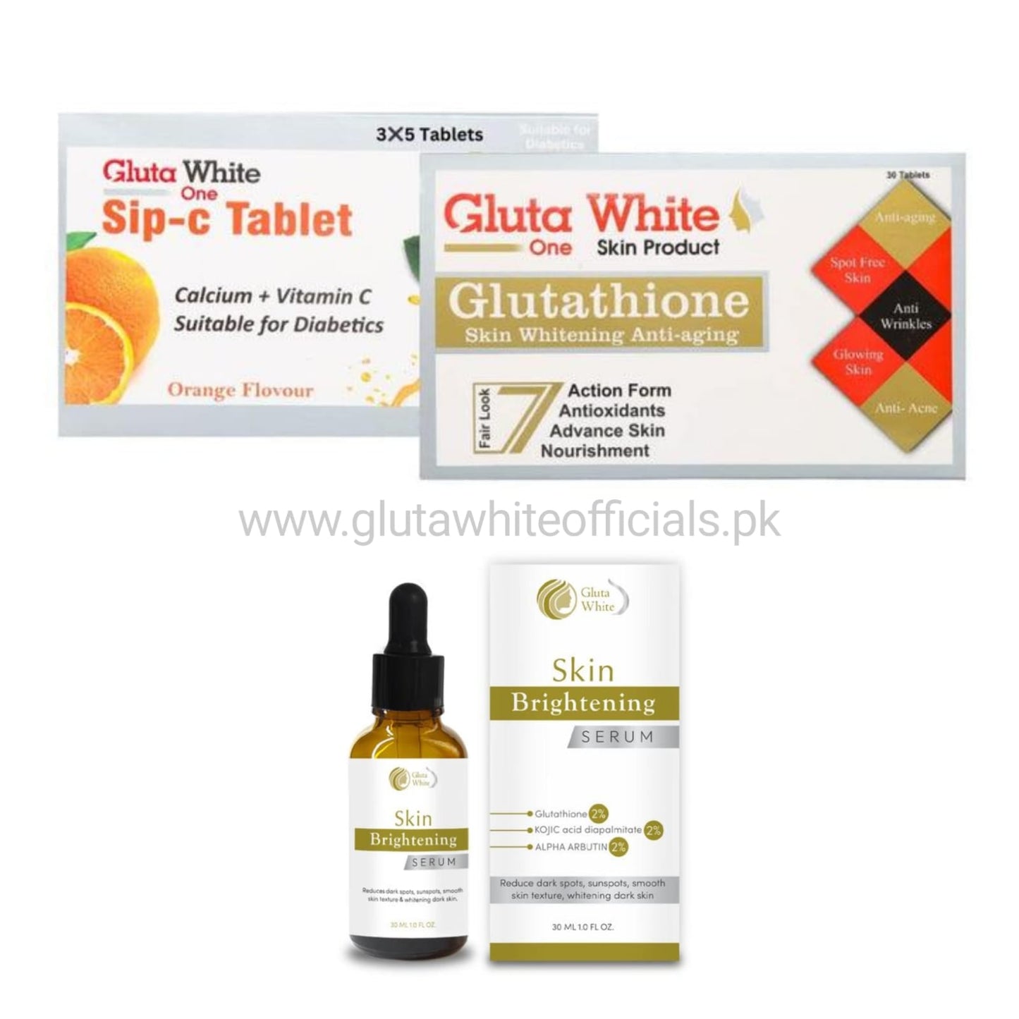 Gluta White Tablets + Sip C + Brightning Serum