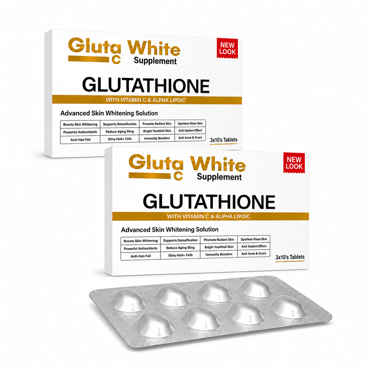Gluta White (Glutathione + Vitamin C) Tablets 2 Packs