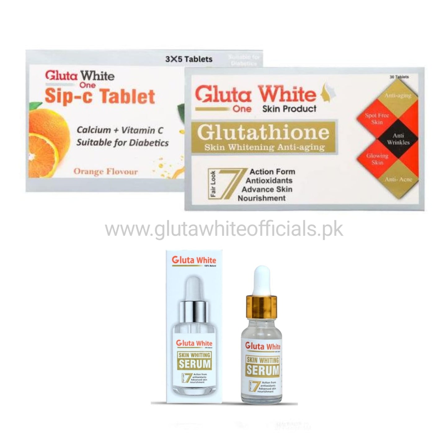 Gluta White Tablets + Sip C + Whitening Serum